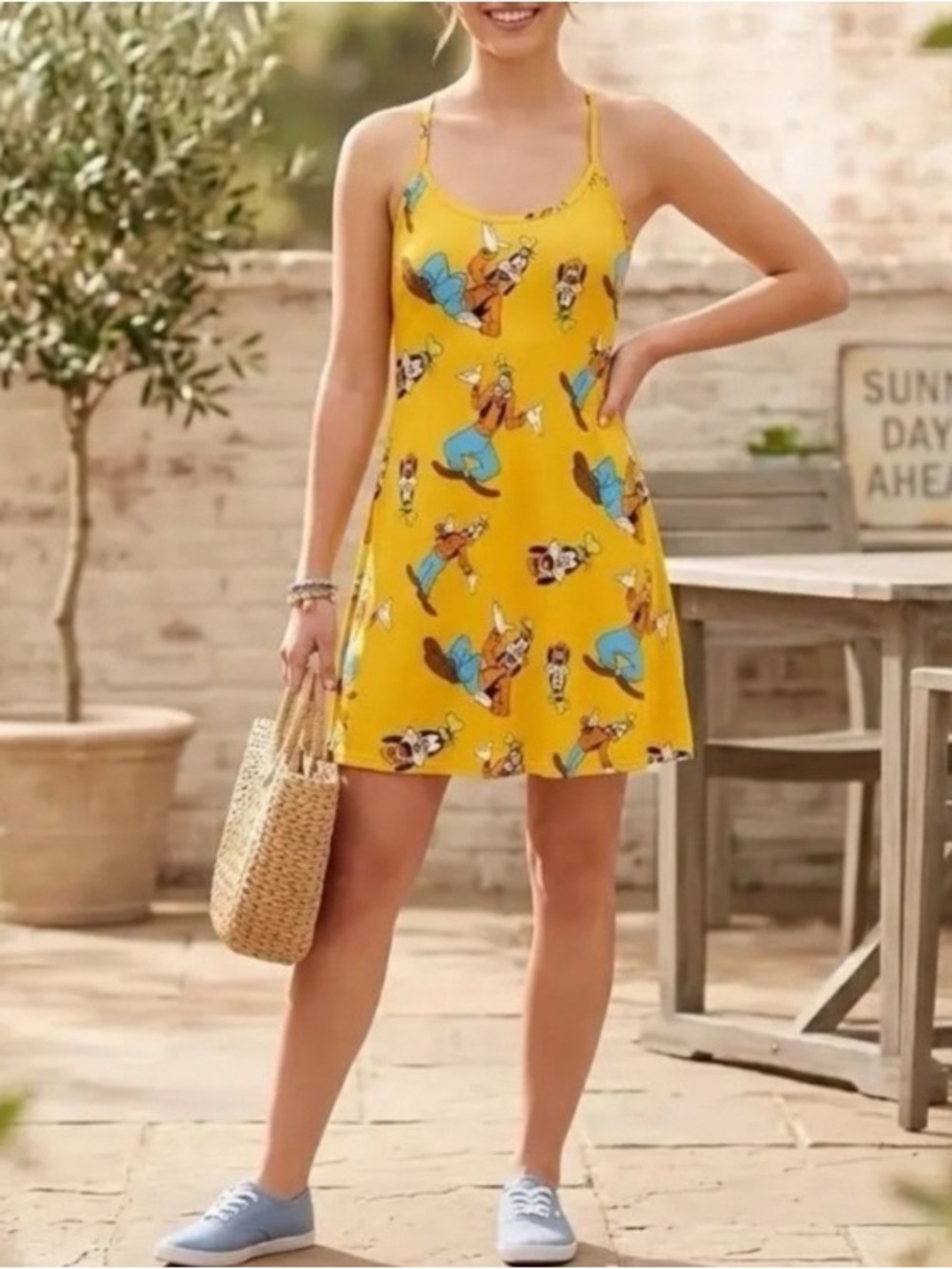 Disney Yellow Goofy Print Spaghetti Strap Dress